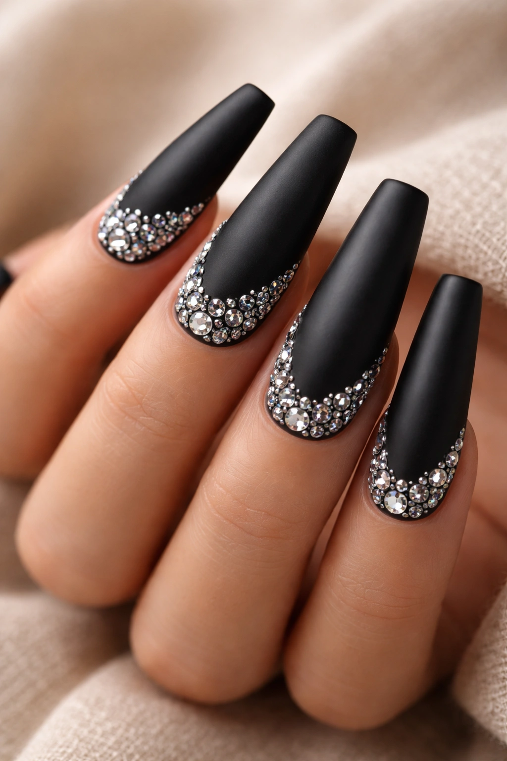 Close-up of matte black coffin nails with Swarovski crystal accents