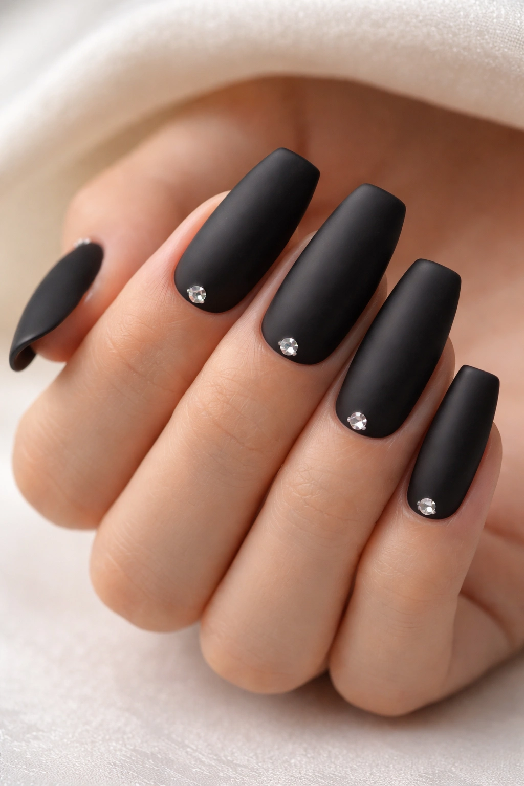 Close-up of matte black nails with a tiny crystal at the cuticle on each nail