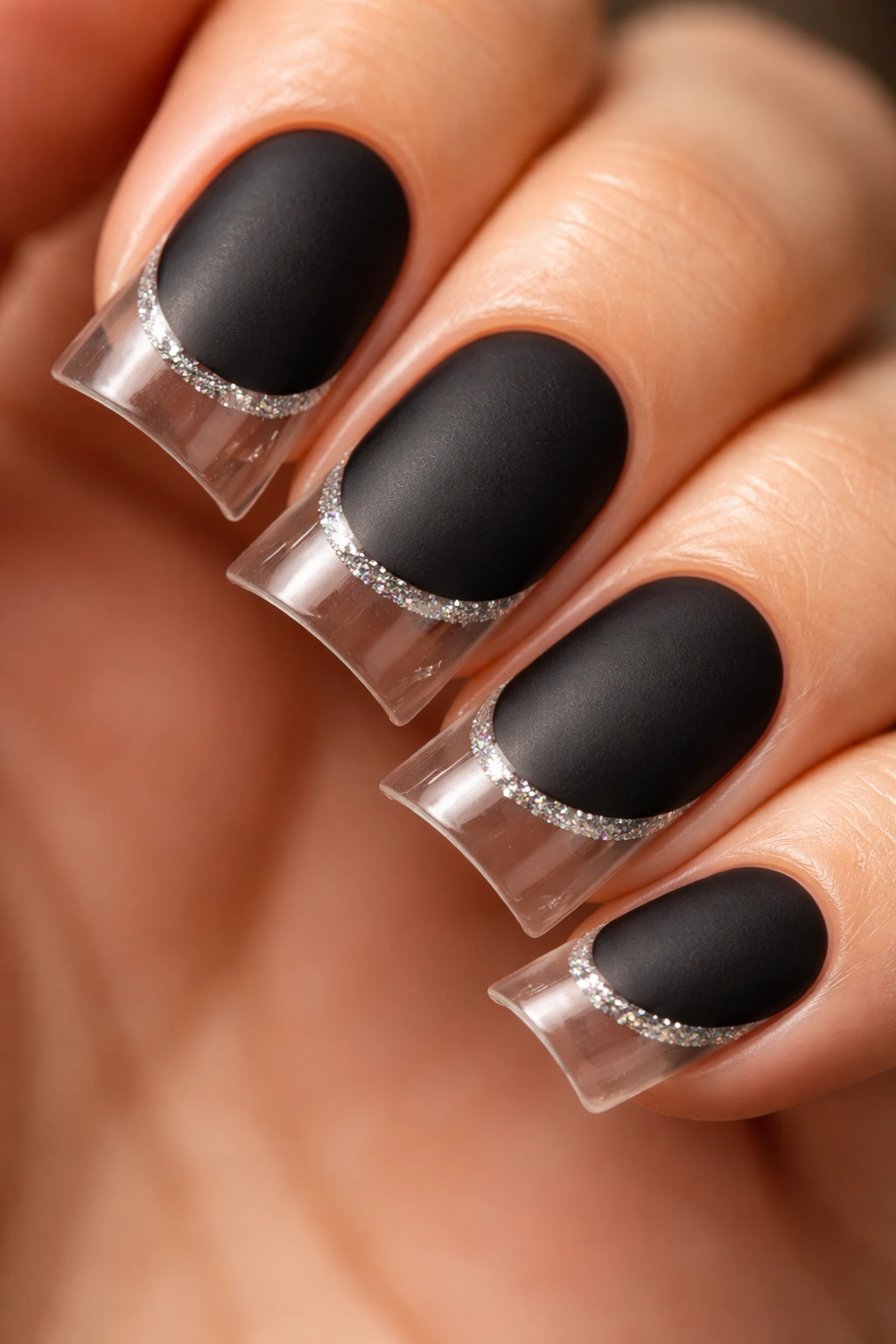 Close-up of a short nail with matte black base and clear duck tip with a glitter line along the inner curve
