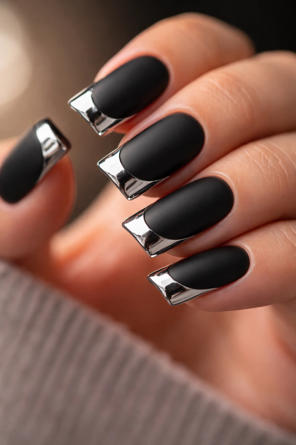 Close-up of matte black duck nails with chrome tips on short tapered nails