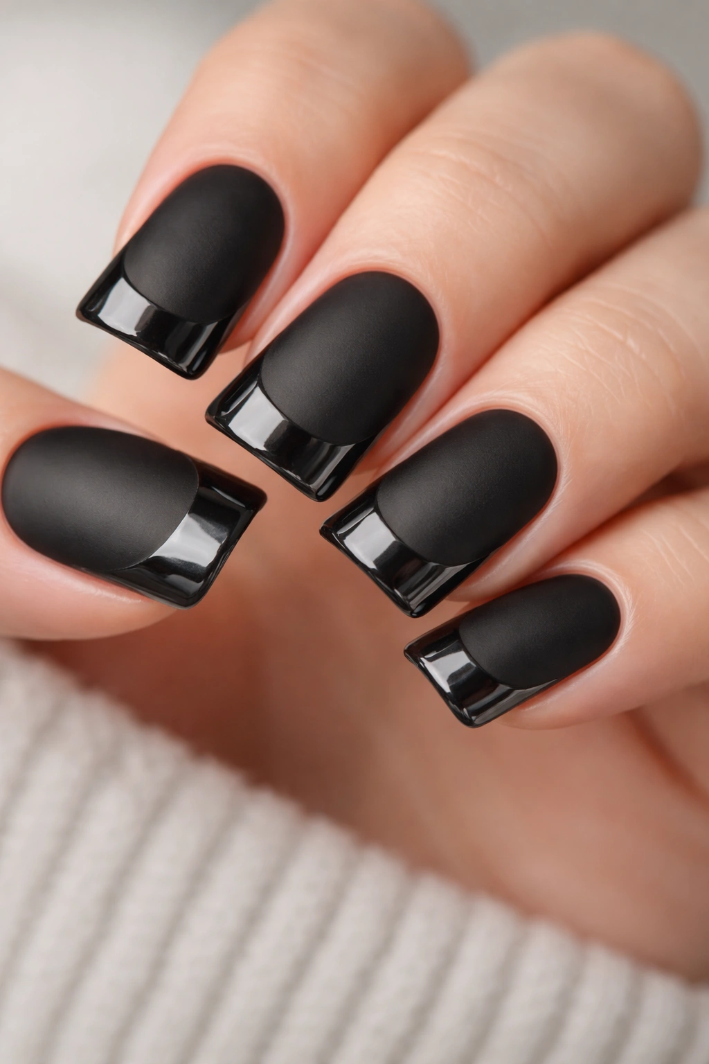 Matte black duck nails with glossy tips on short nails