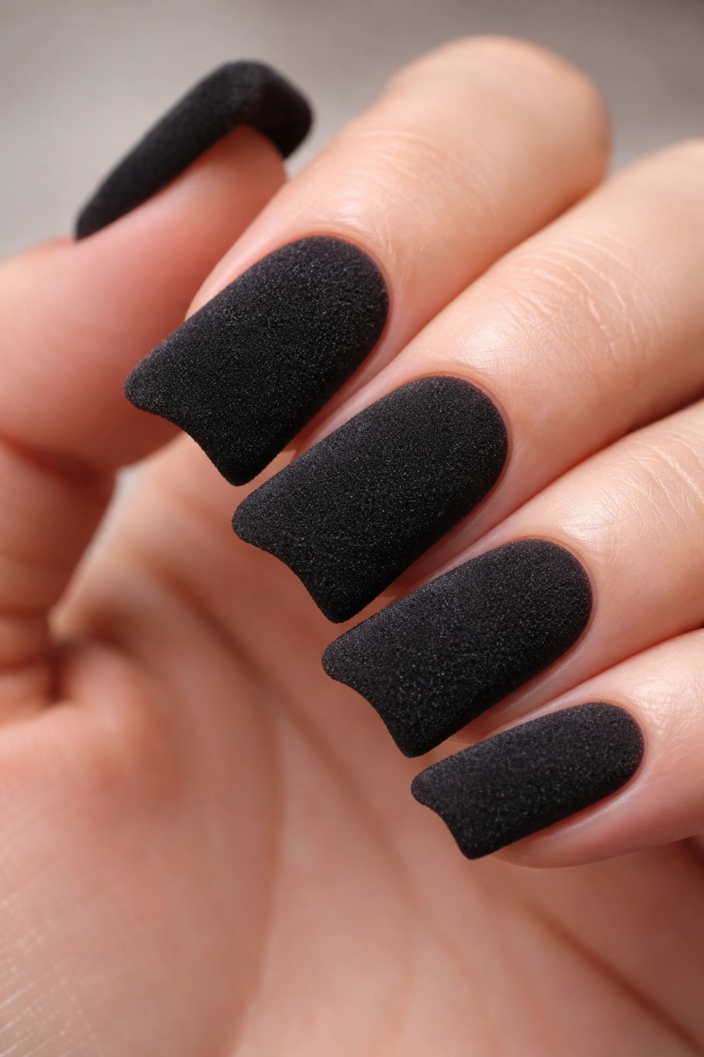 Close-up of matte black duck nails with velvet powder texture