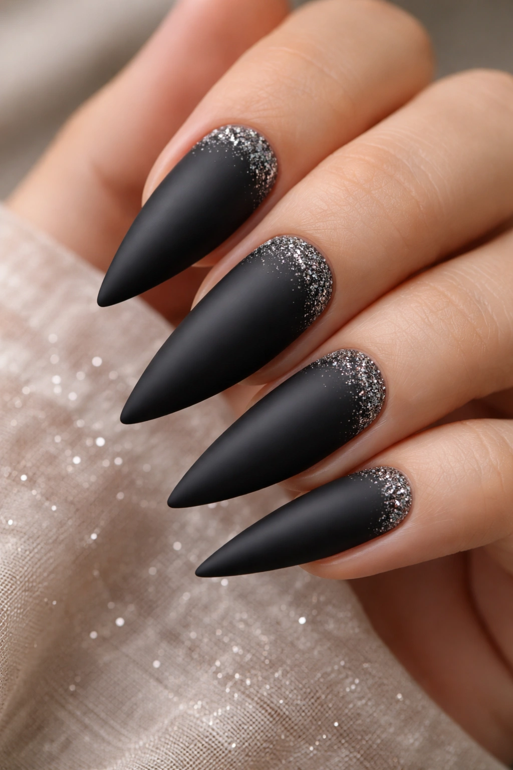 Matte black nails with glitter halo near the cuticle