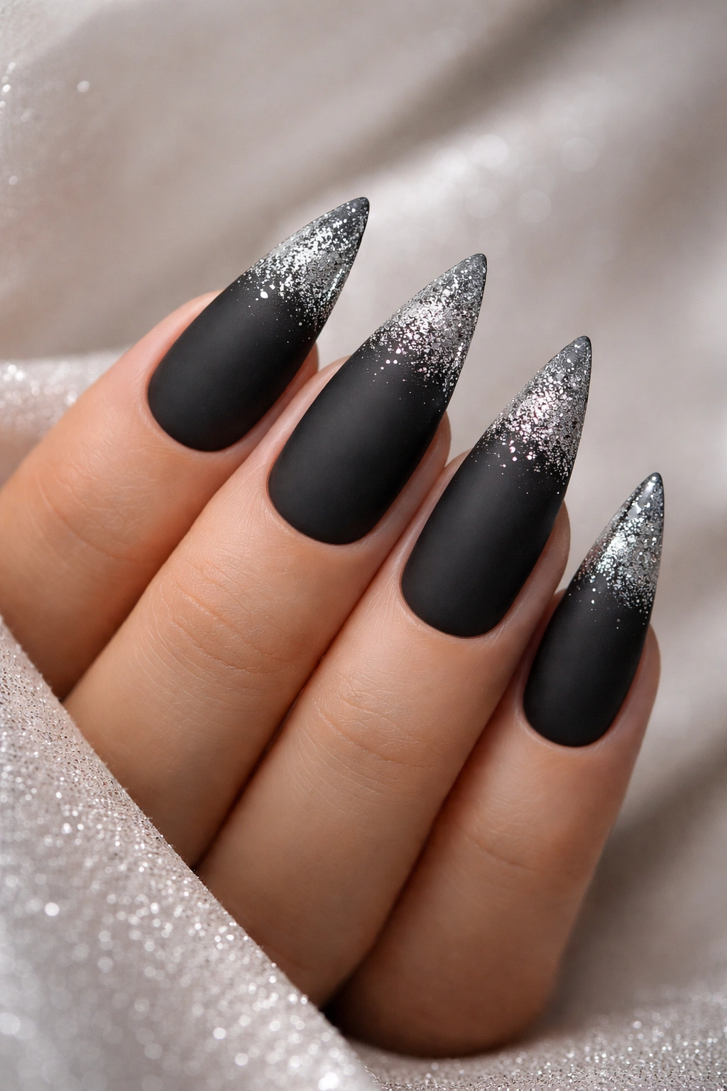Close-up of matte black nails with silver glitter gradient