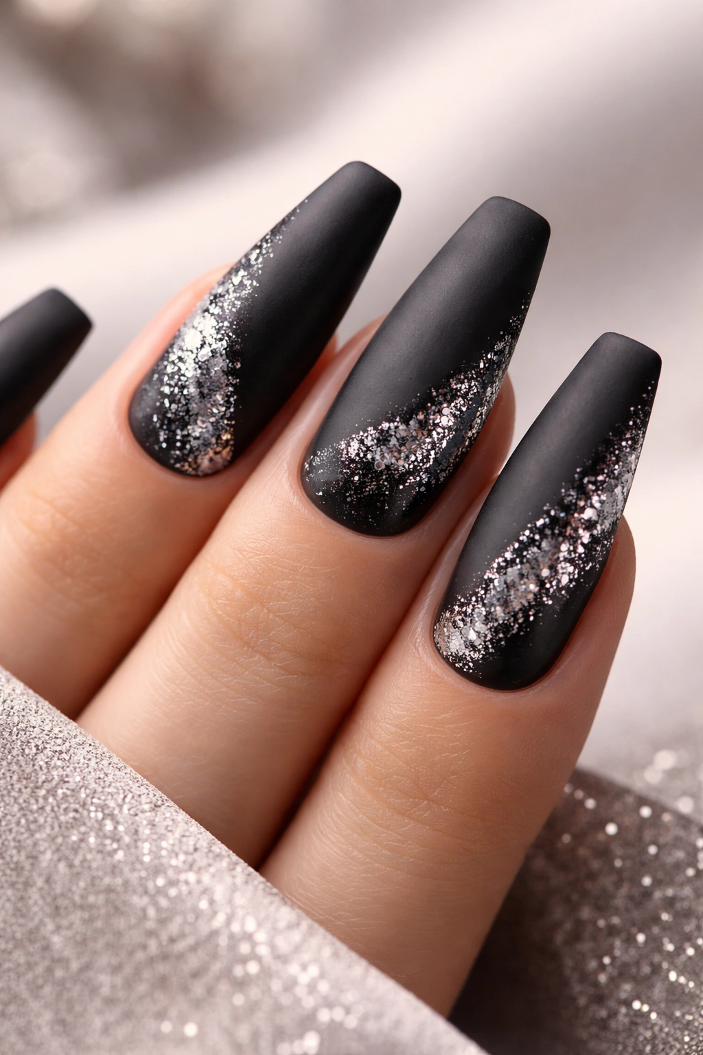 Close-up of matte black coffin nail with glitter accents at the tip.