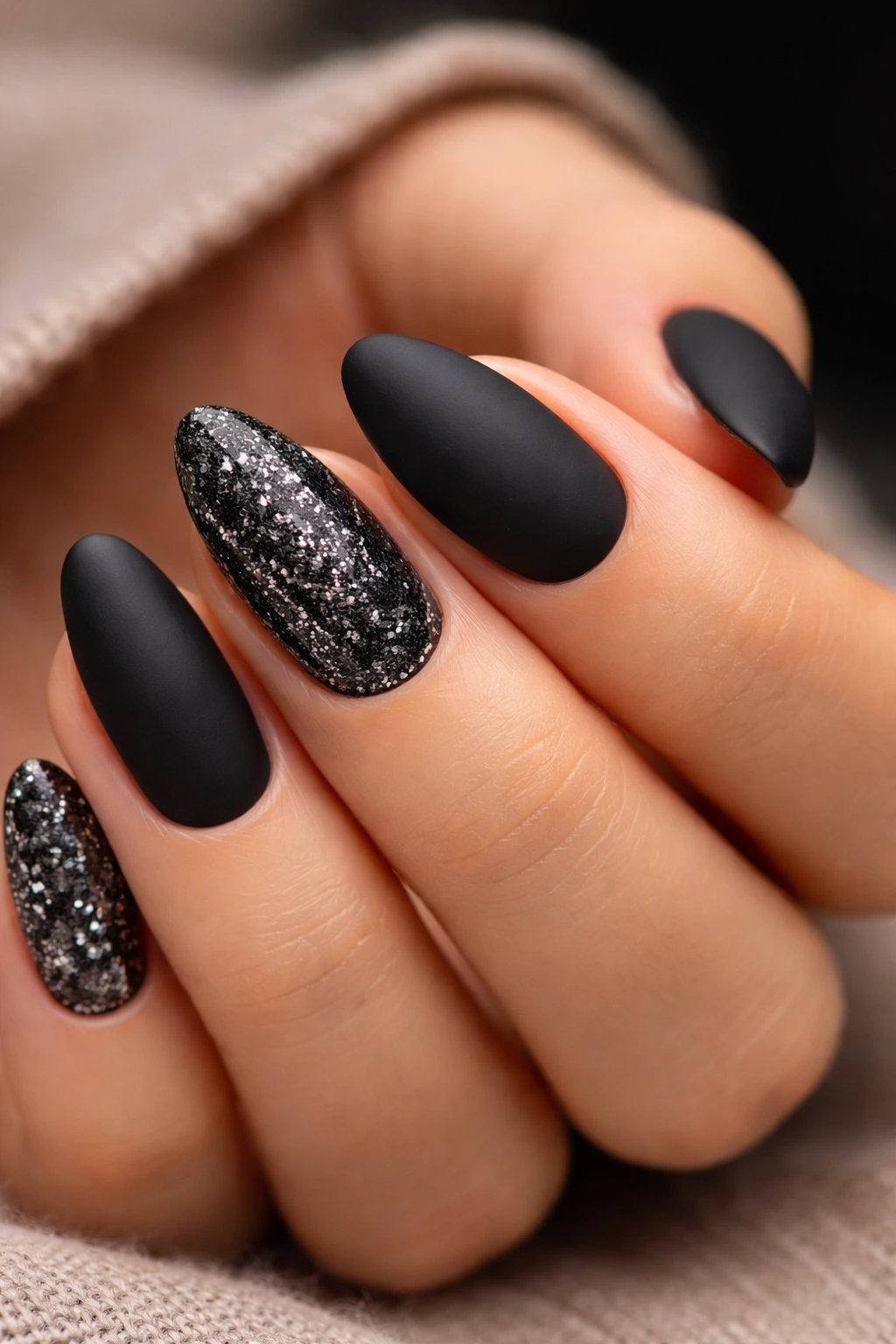 Close-up of matte black nails with glitter accents on a short almond shape