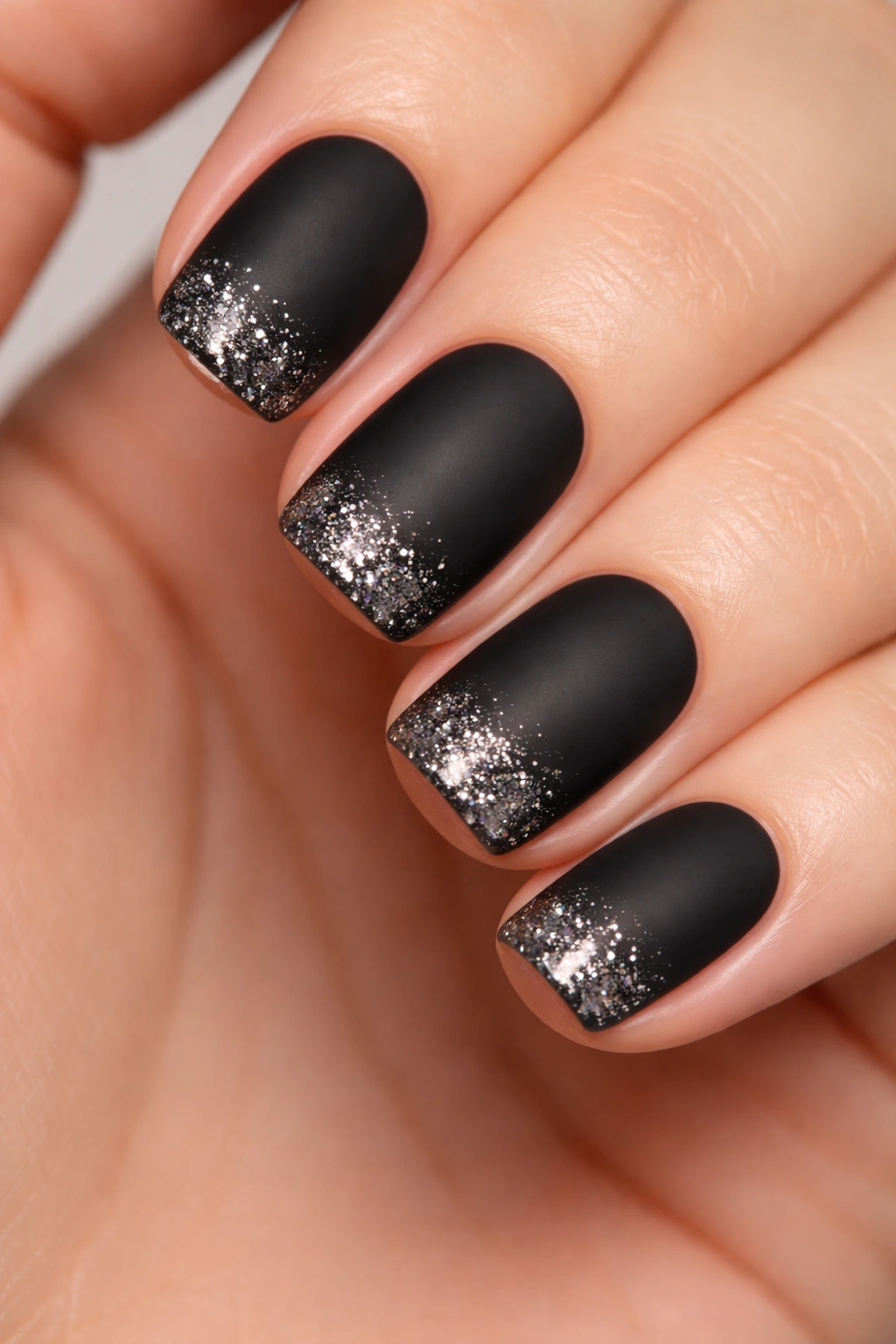 Close-up of short squoval nails with matte black and glitter tips