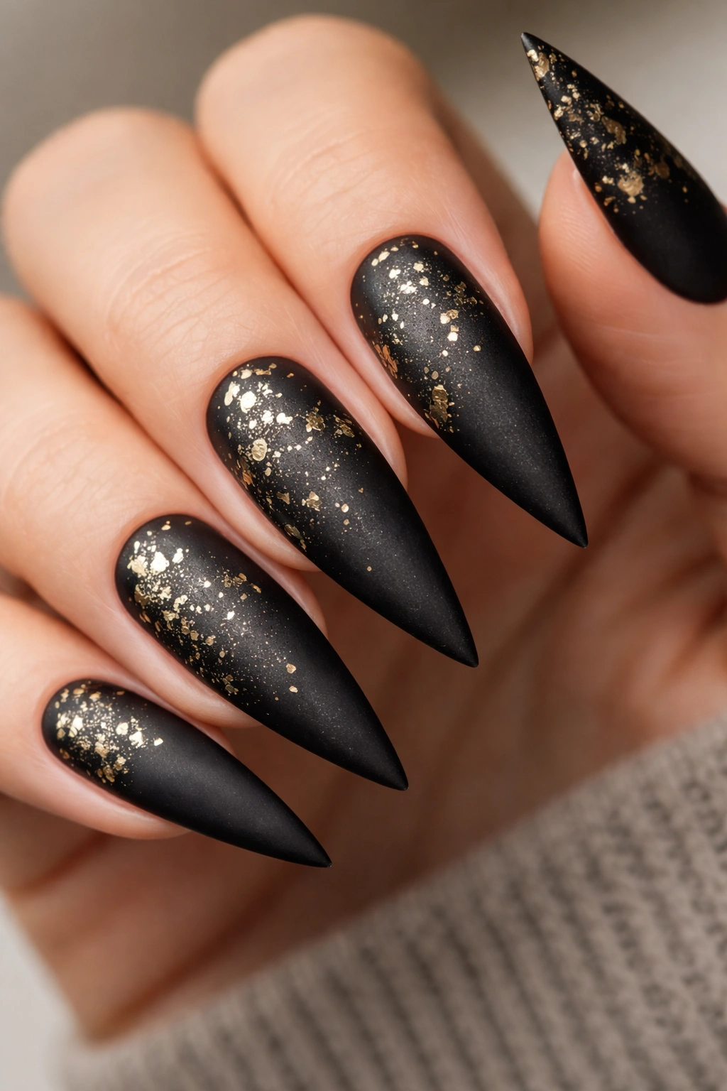 Close-up of matte black stiletto nails with gold flecks