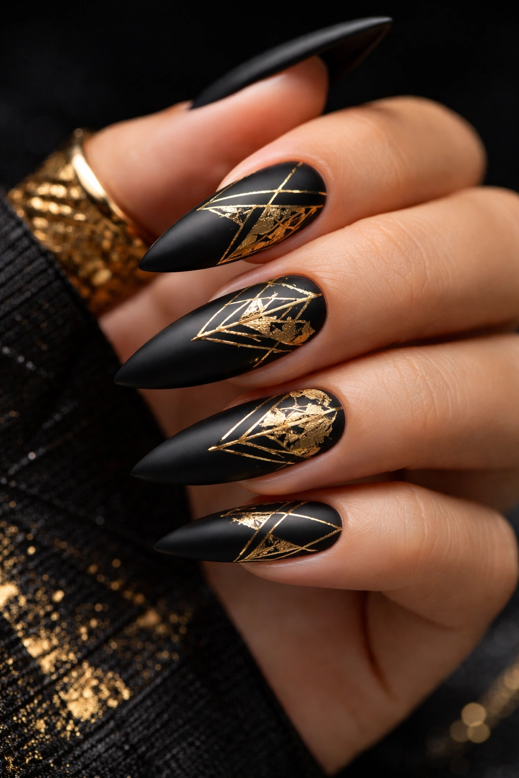 Matte black nails with gold foil and geometric patterns.