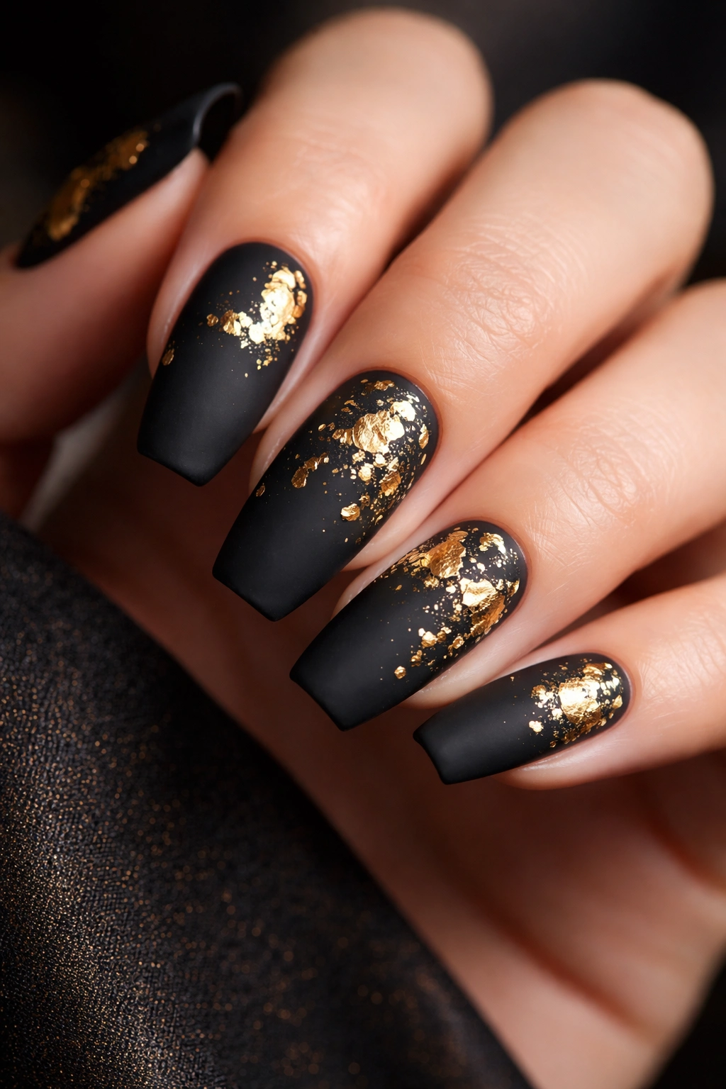 Coffin nails with matte black finish and gold foil accents