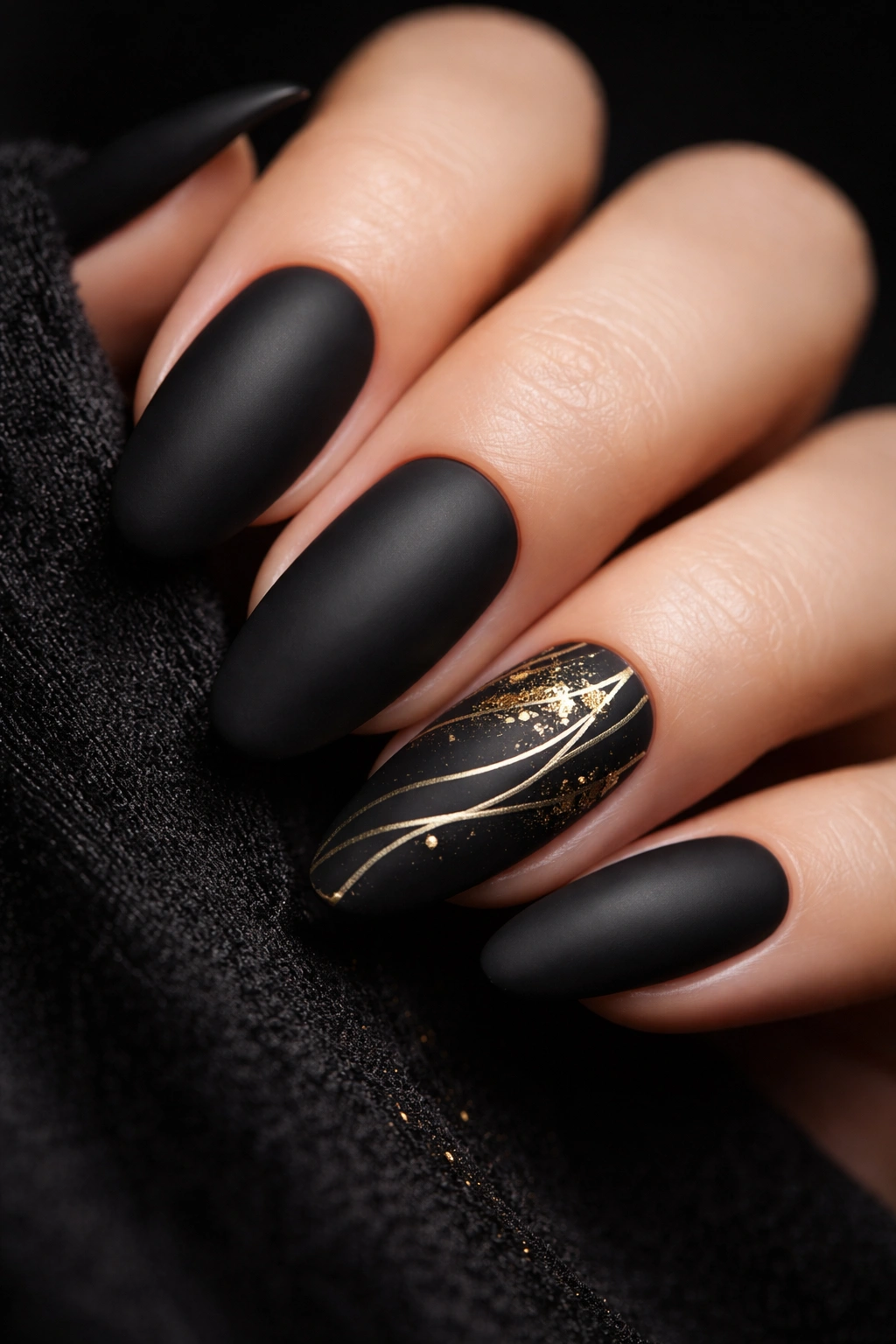 Close-up of matte black nails with gold accents for Halloween manicure