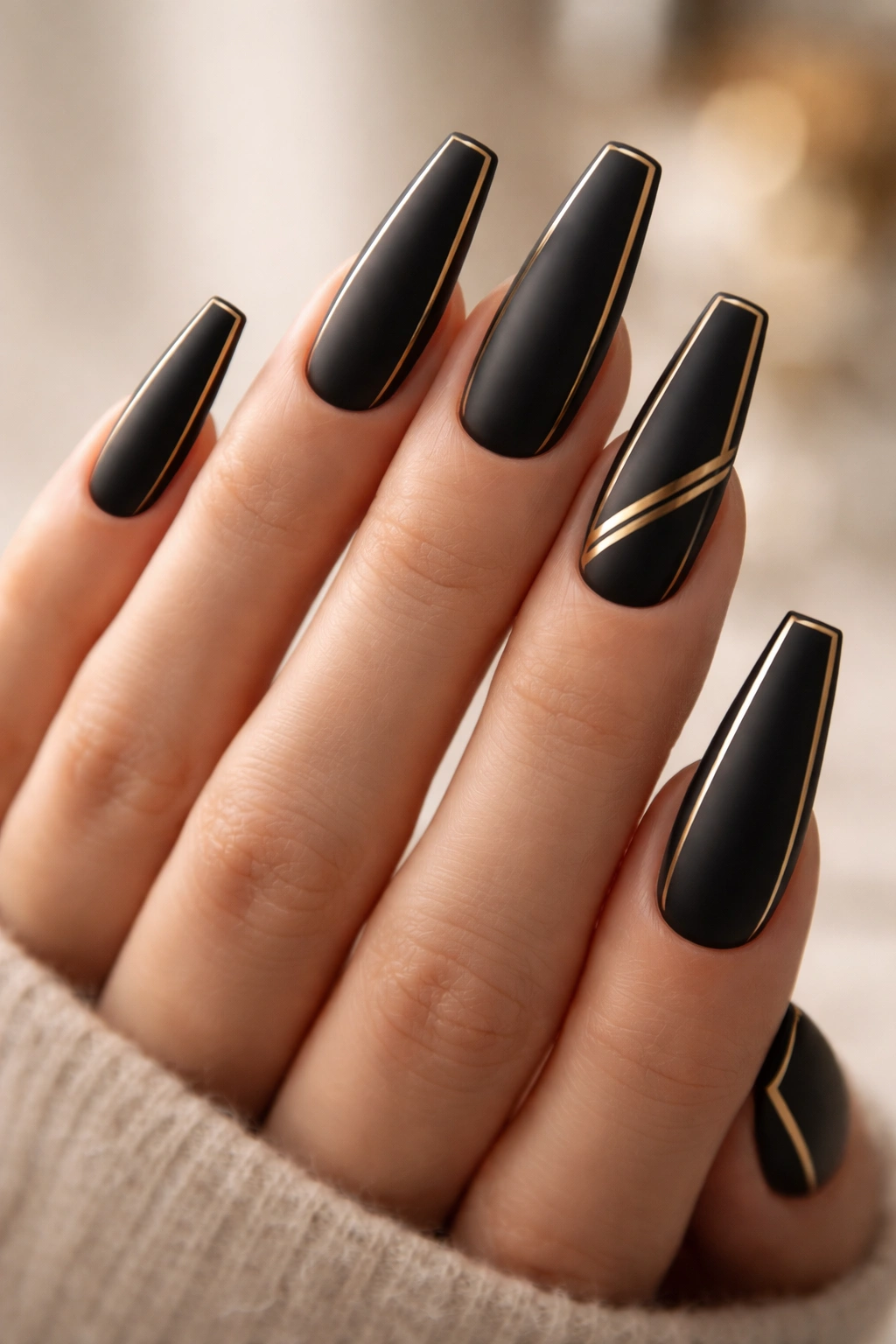 Close-up of matte black coffin nails with gold details on a neutral background