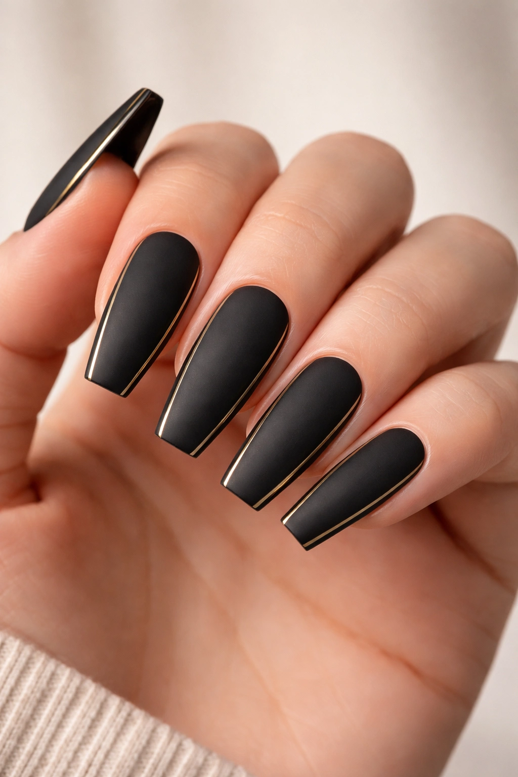 Matte black coffin nails with a thin gold outline along the edge
