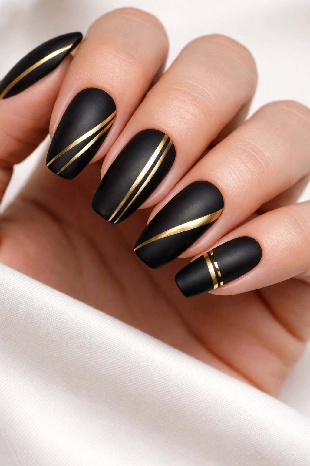 Close-up of matte black nails with glossy gold stripes