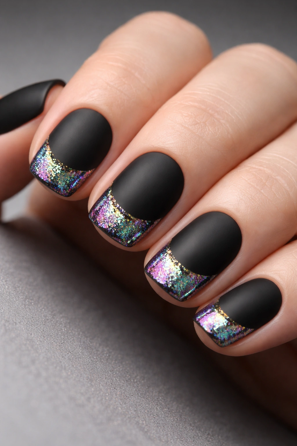 Close-up of short squoval nails painted matte black with holographic rainbow glitter at the base