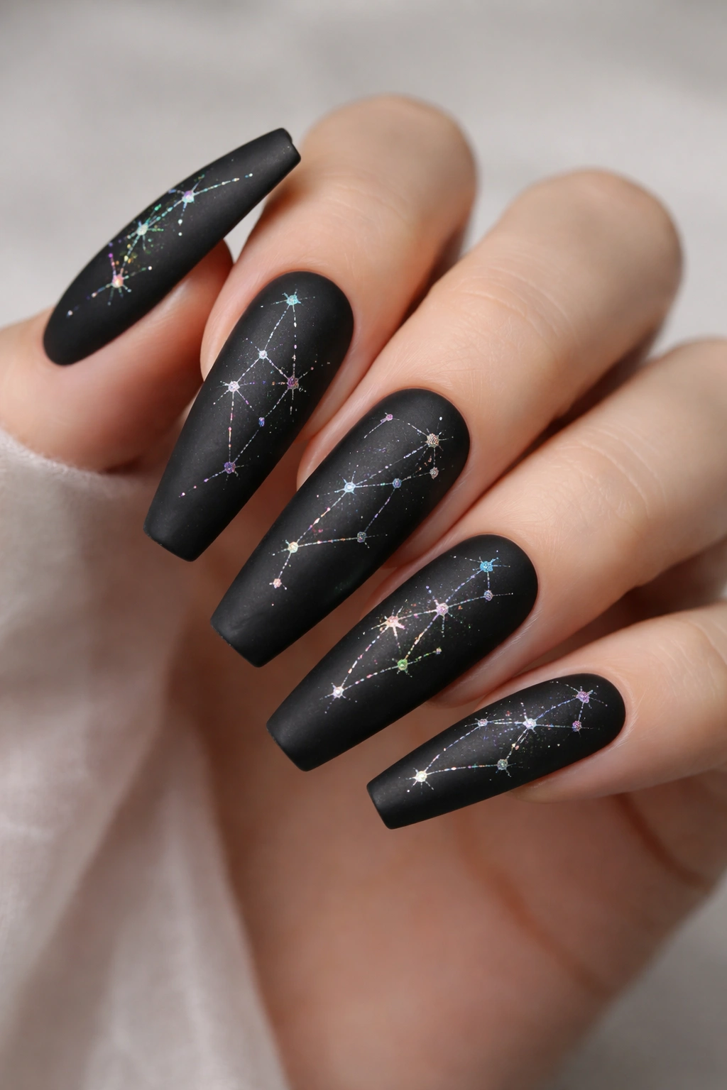 Close-up of coffin nails with matte black base and holographic constellation foil accents