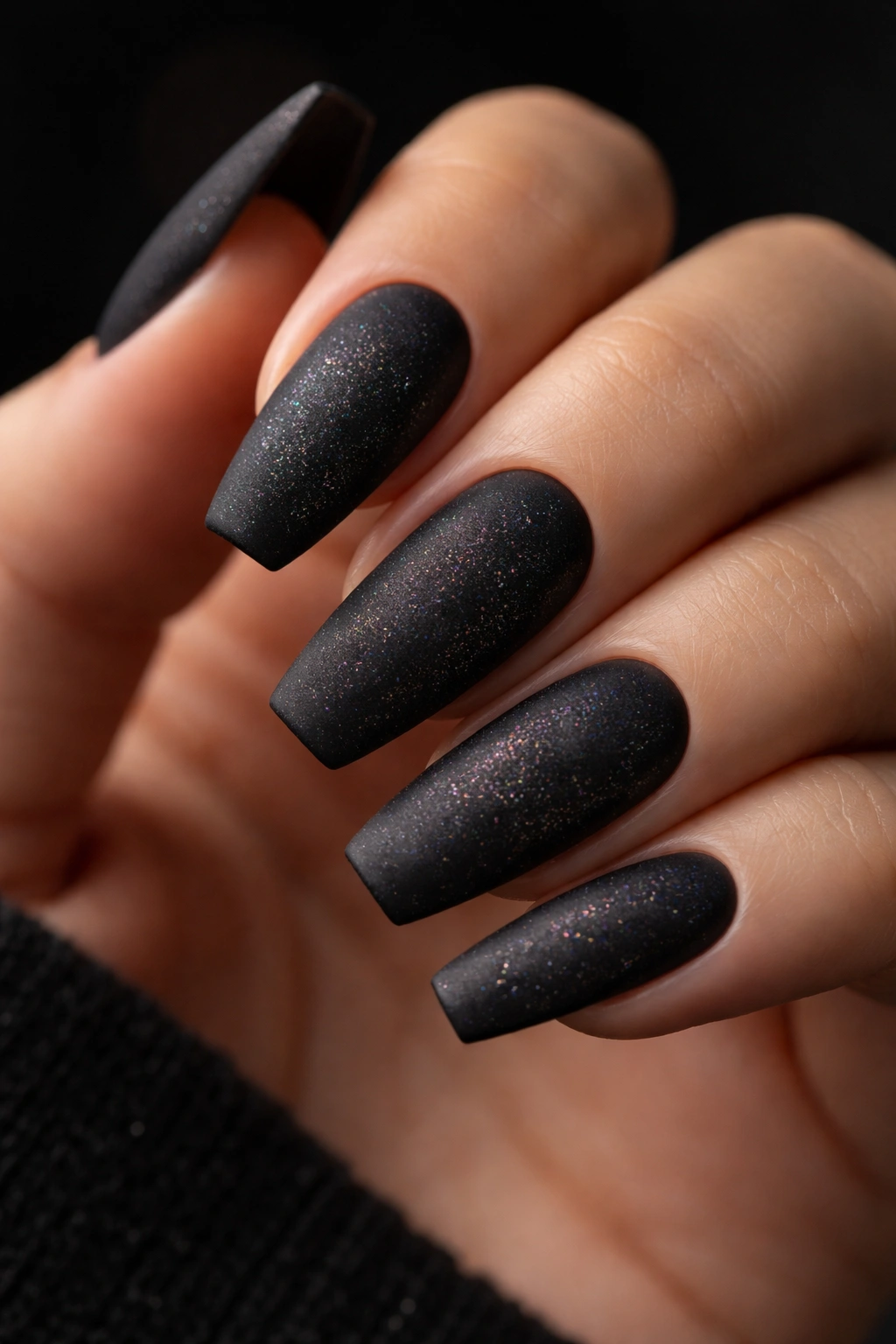 Close-up of matte black coffin nails with subtle holographic dusting