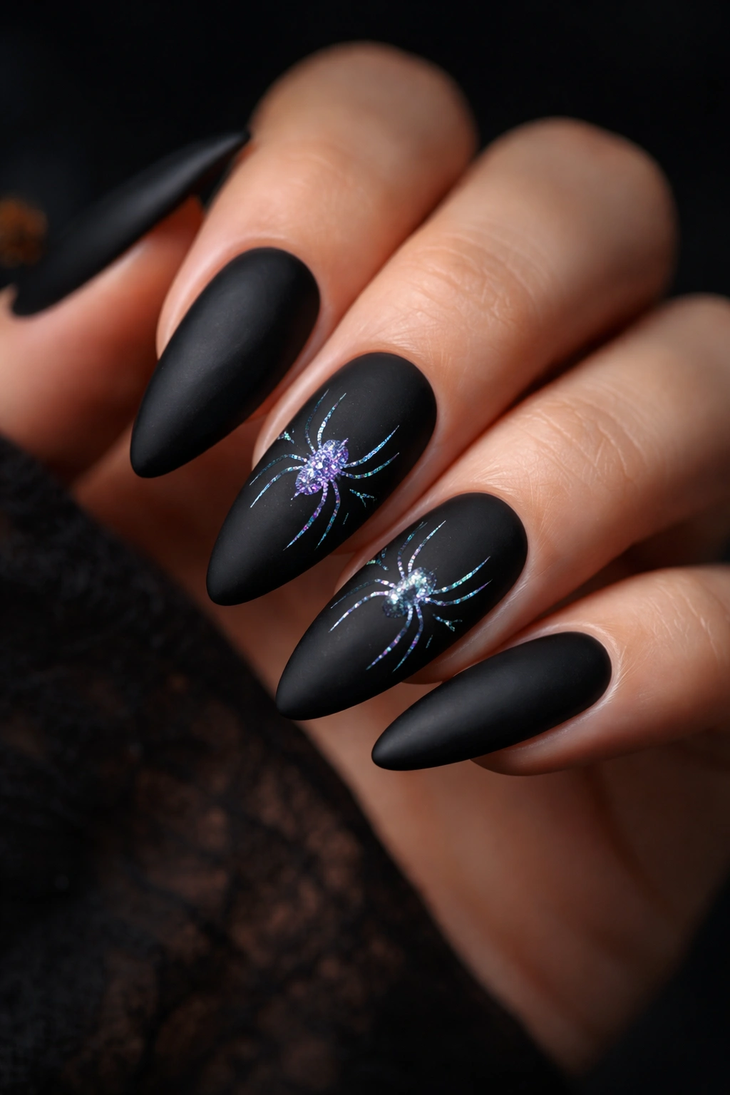 Matte black nails with holographic spider accents on nails