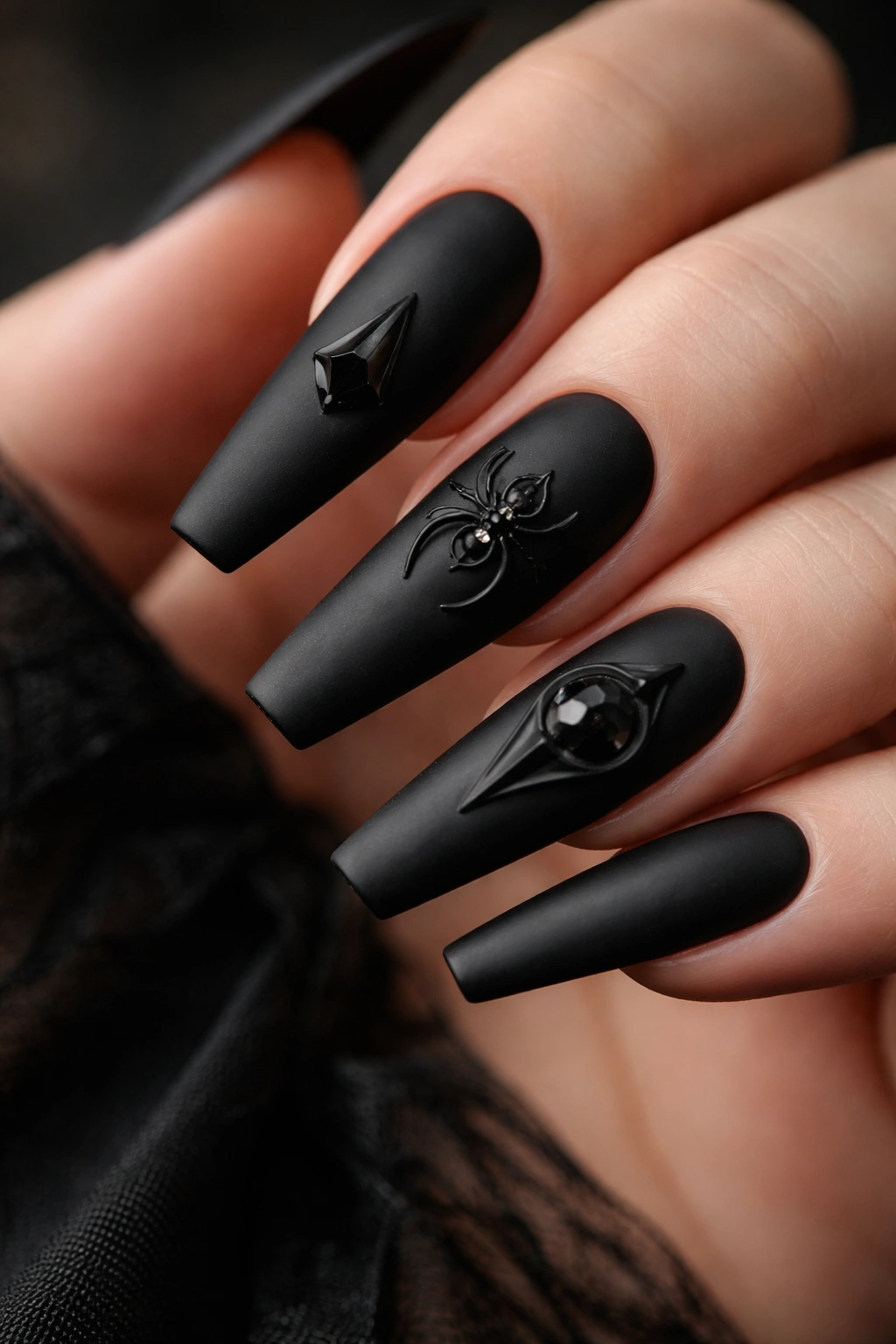 Matte black coffin nails with raised 3D elements on a neutral background