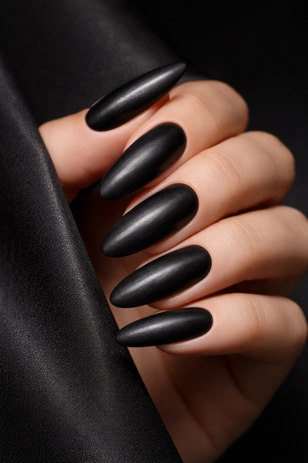 Close-up of matte black cat-eye nails on long ovals with subtle shimmer