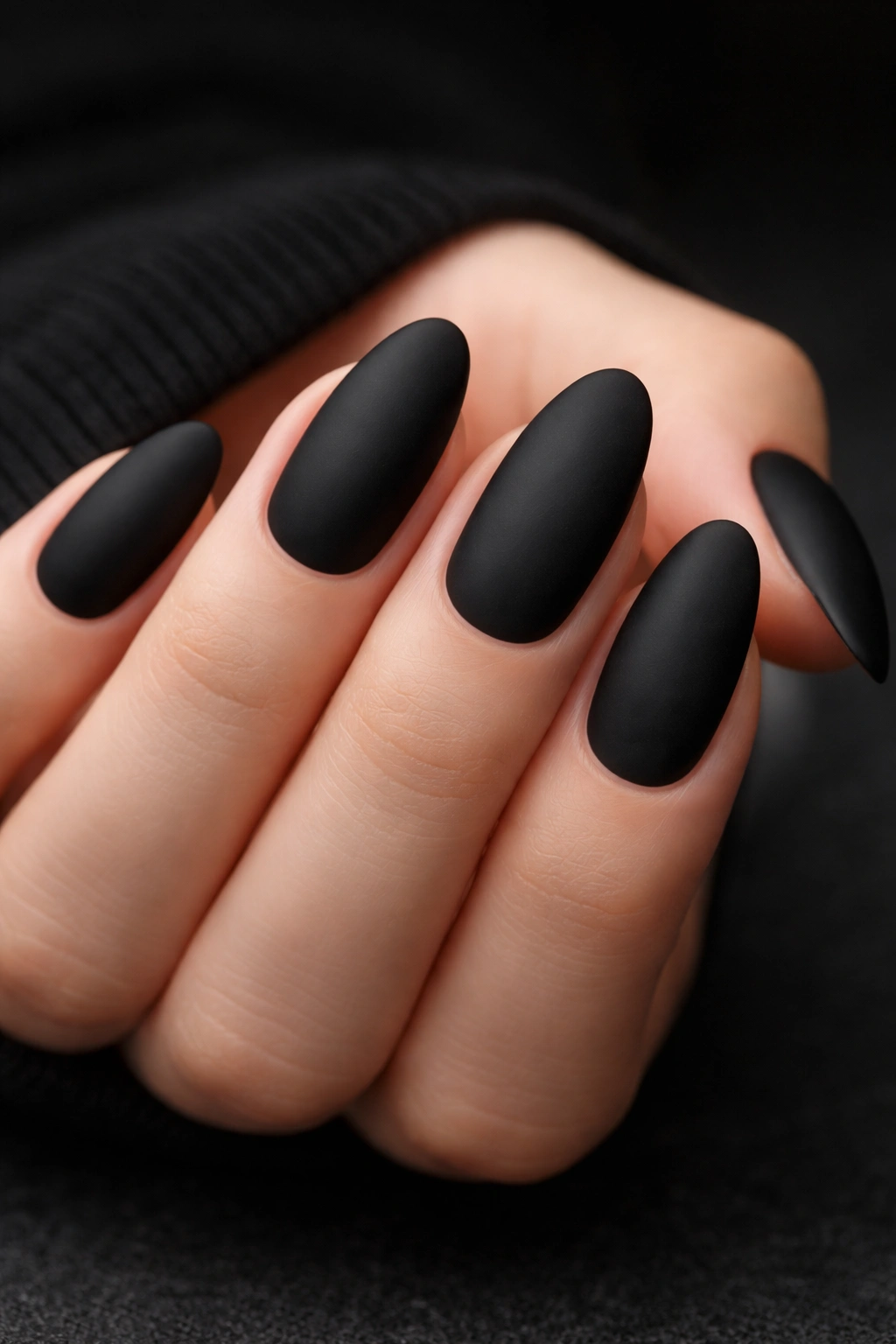 Close-up of nails with matte black finish and velvet texture