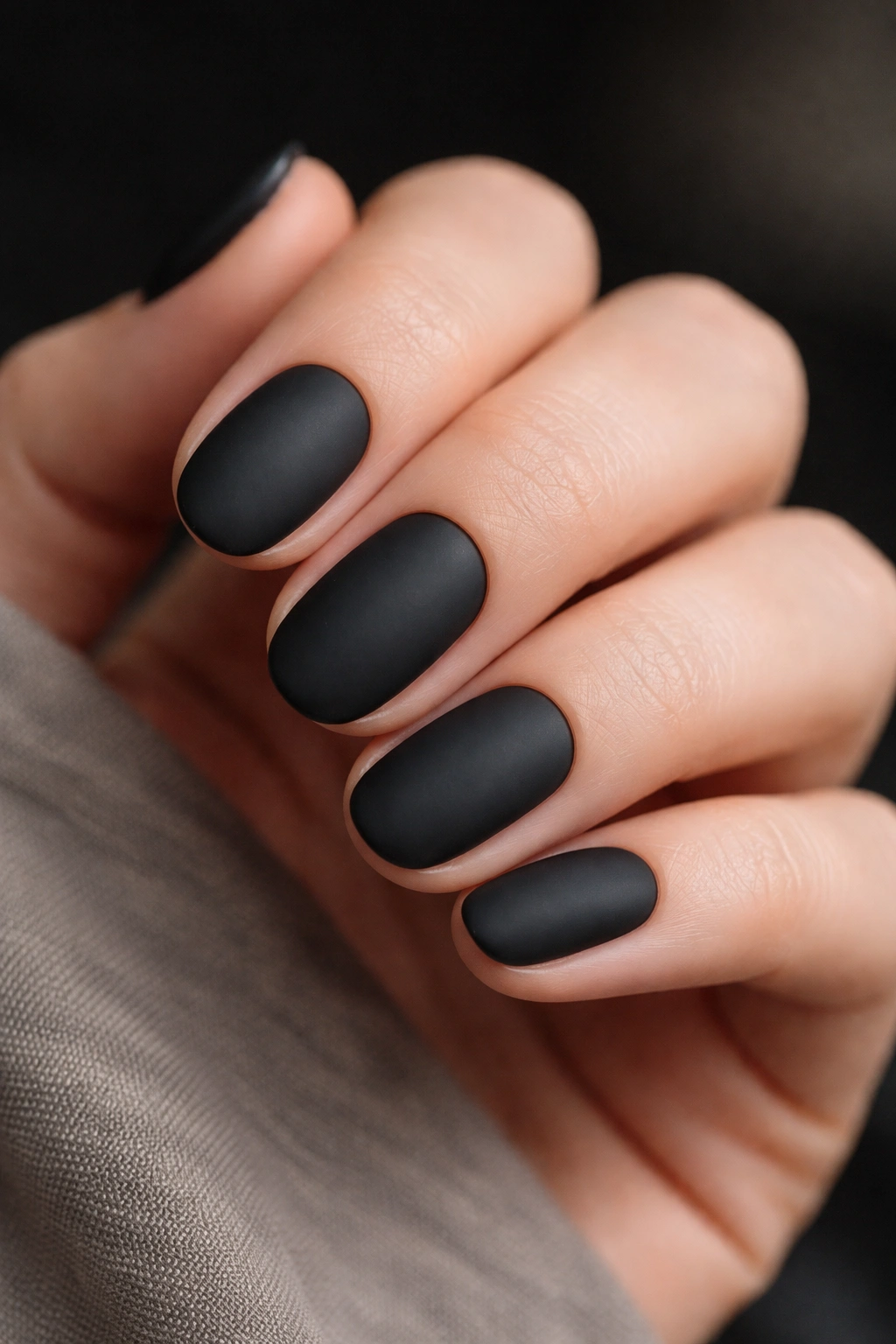 Matte black short oval nails with soft rounded edges and velvety finish