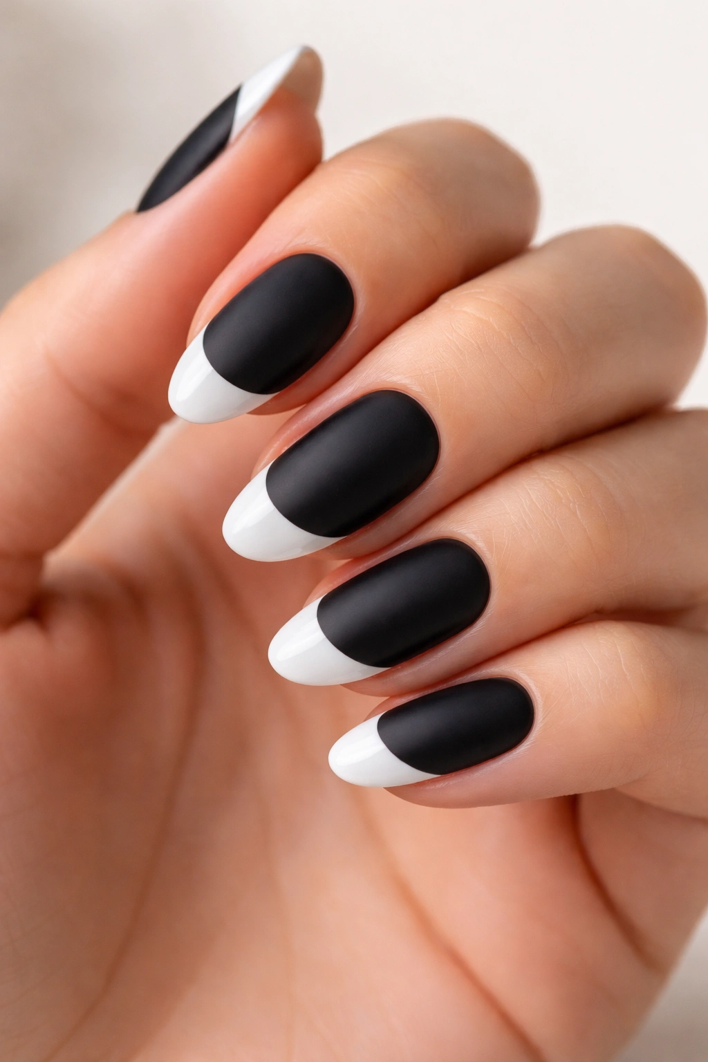 Matte black base with glossy white tip on short almond nails; modern minimalist manicure.