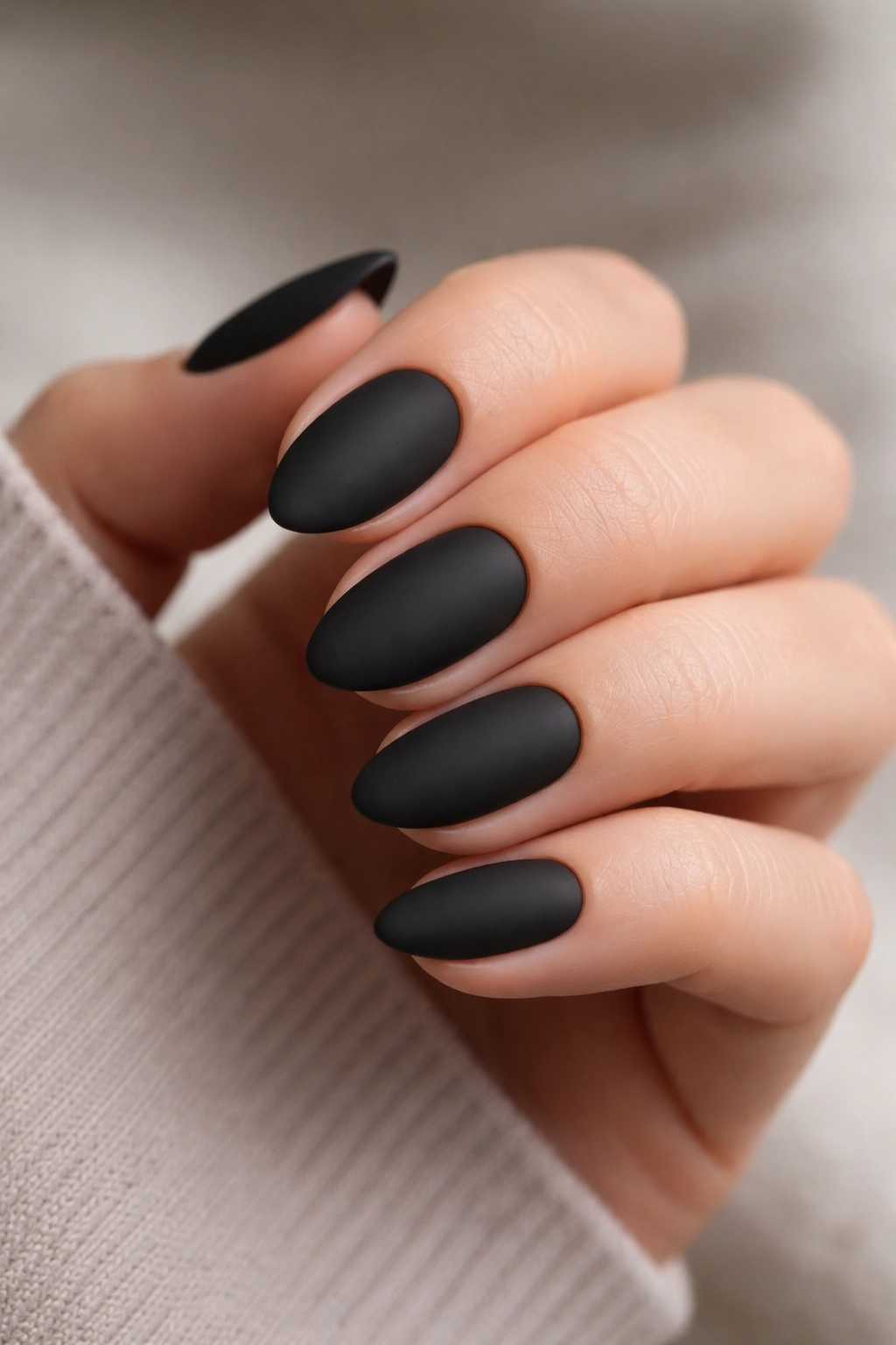 Close-up of short almond nails in pure matte black finish, no decoration.
