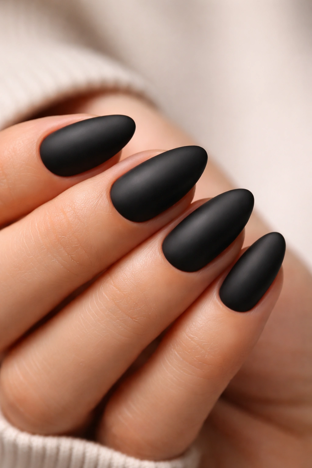 Close-up of short almond nails with a matte black finish
