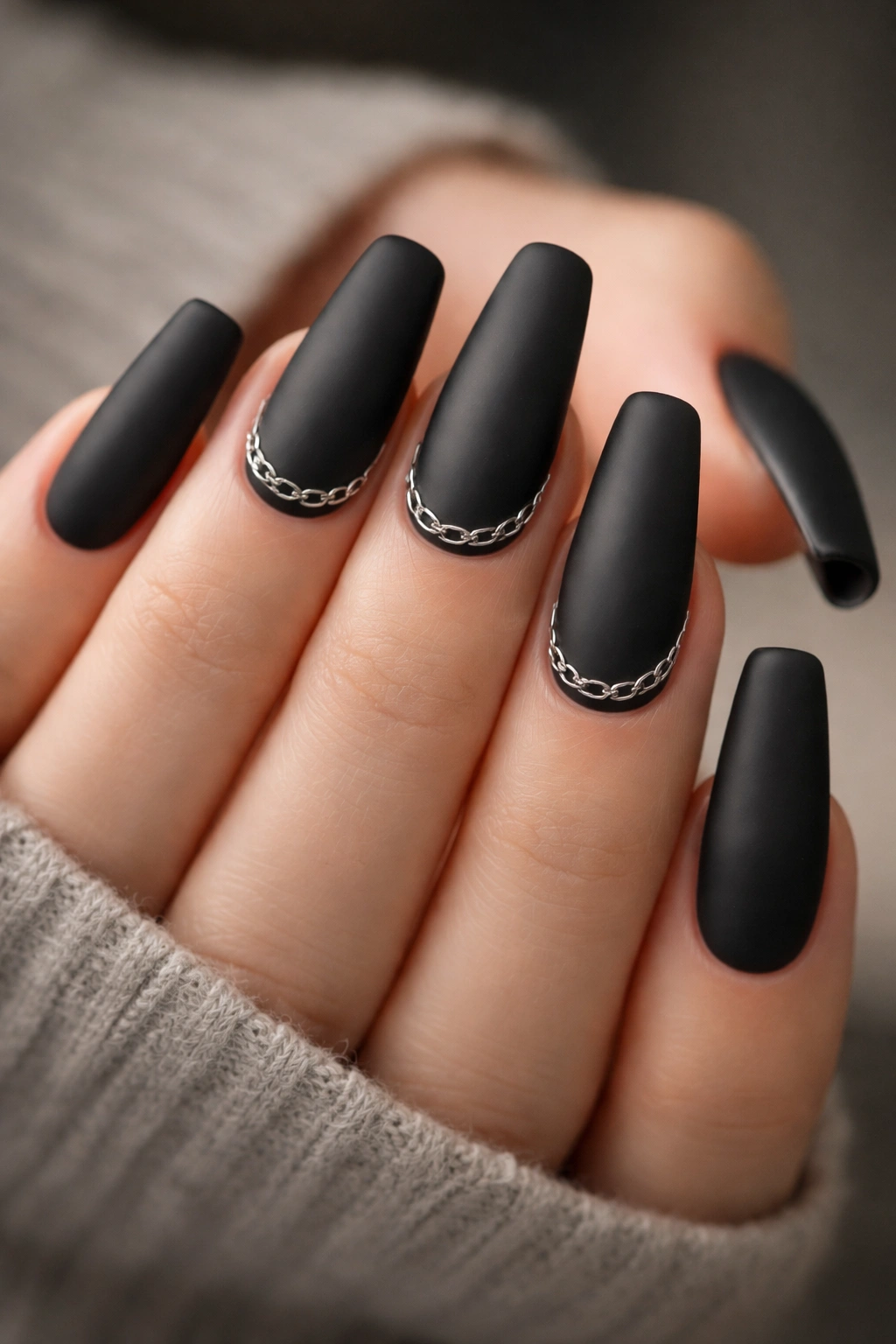 Close-up of matte black nails with fine silver chain details
