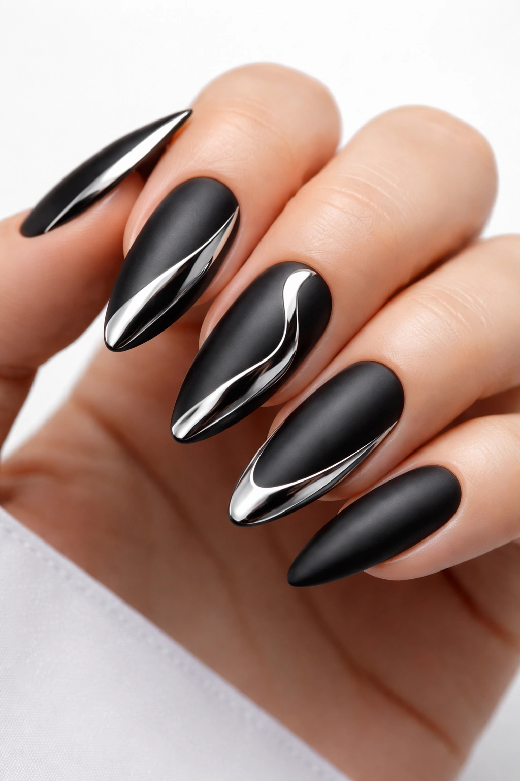 Matte black nails with white chrome accents