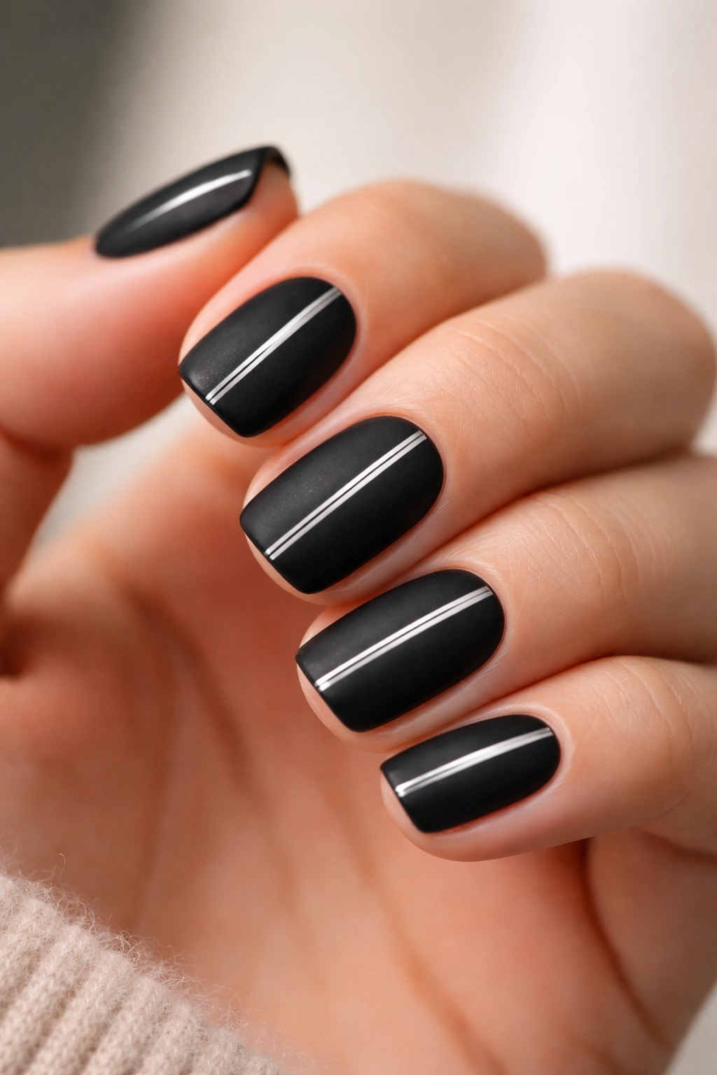 Matte black nails with a thin chrome stripe center in a neutral studio setting