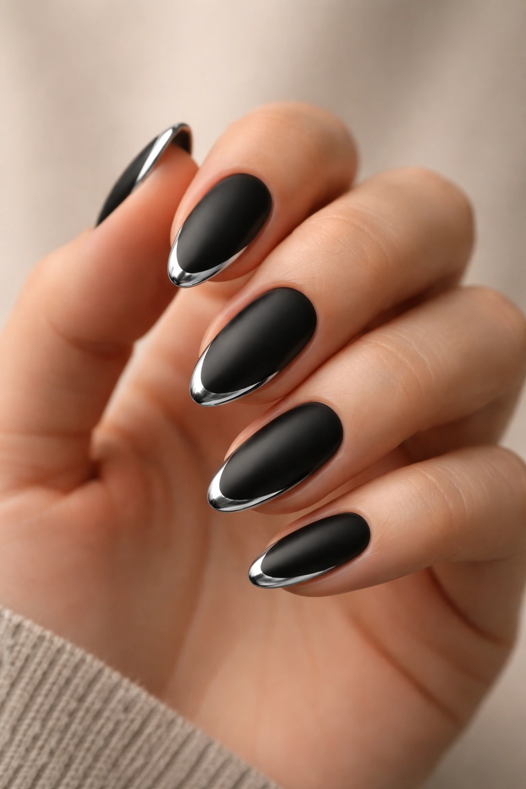 Close-up of short almond nails with matte black finish and chrome edge outline