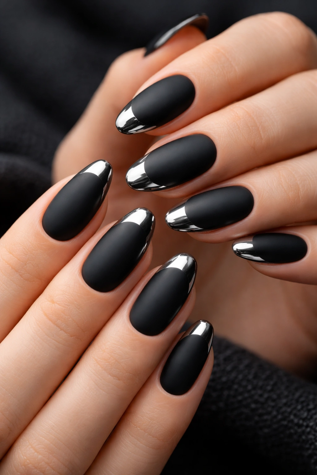 Close-up of matte black oval nails with metallic chrome tip accents