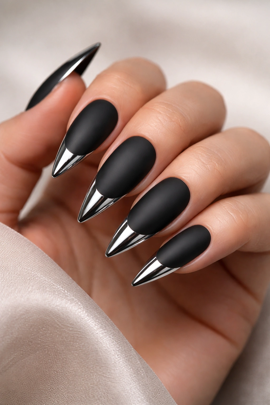 Matte black stiletto nails with chrome tips and contrast