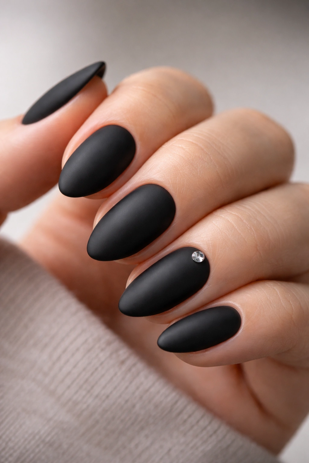 Matte black nails with a single crystal accent on one nail