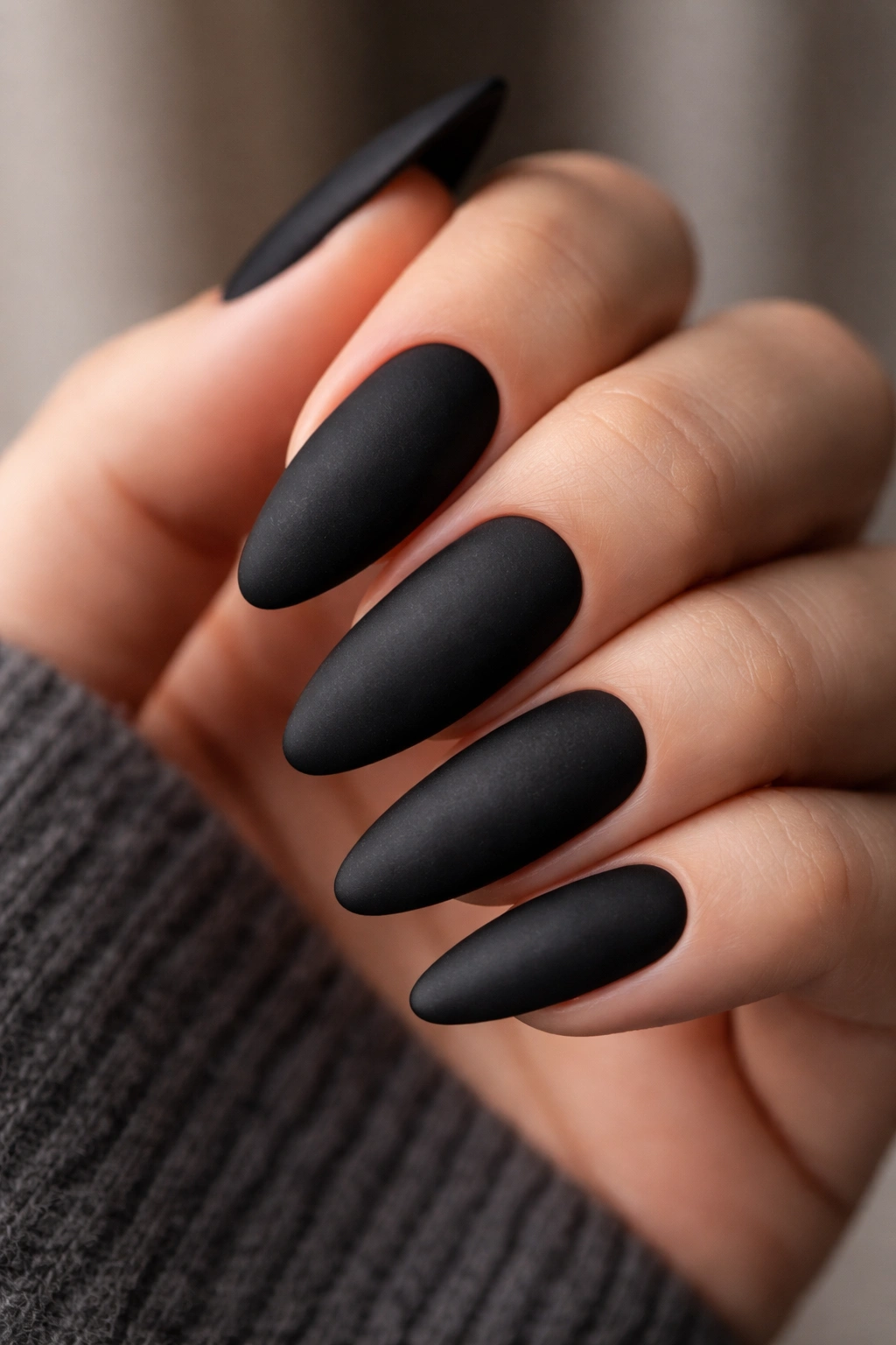 Close-up of matte black dip powder nails with velvety finish on a hand
