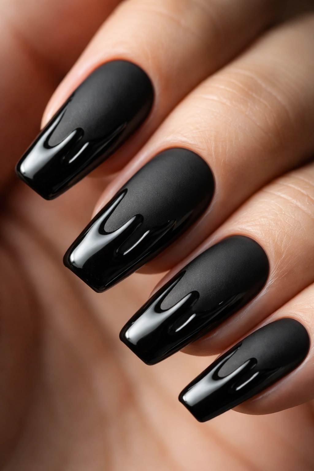Matte black nails with glossy raised drip accents on ballerina nails