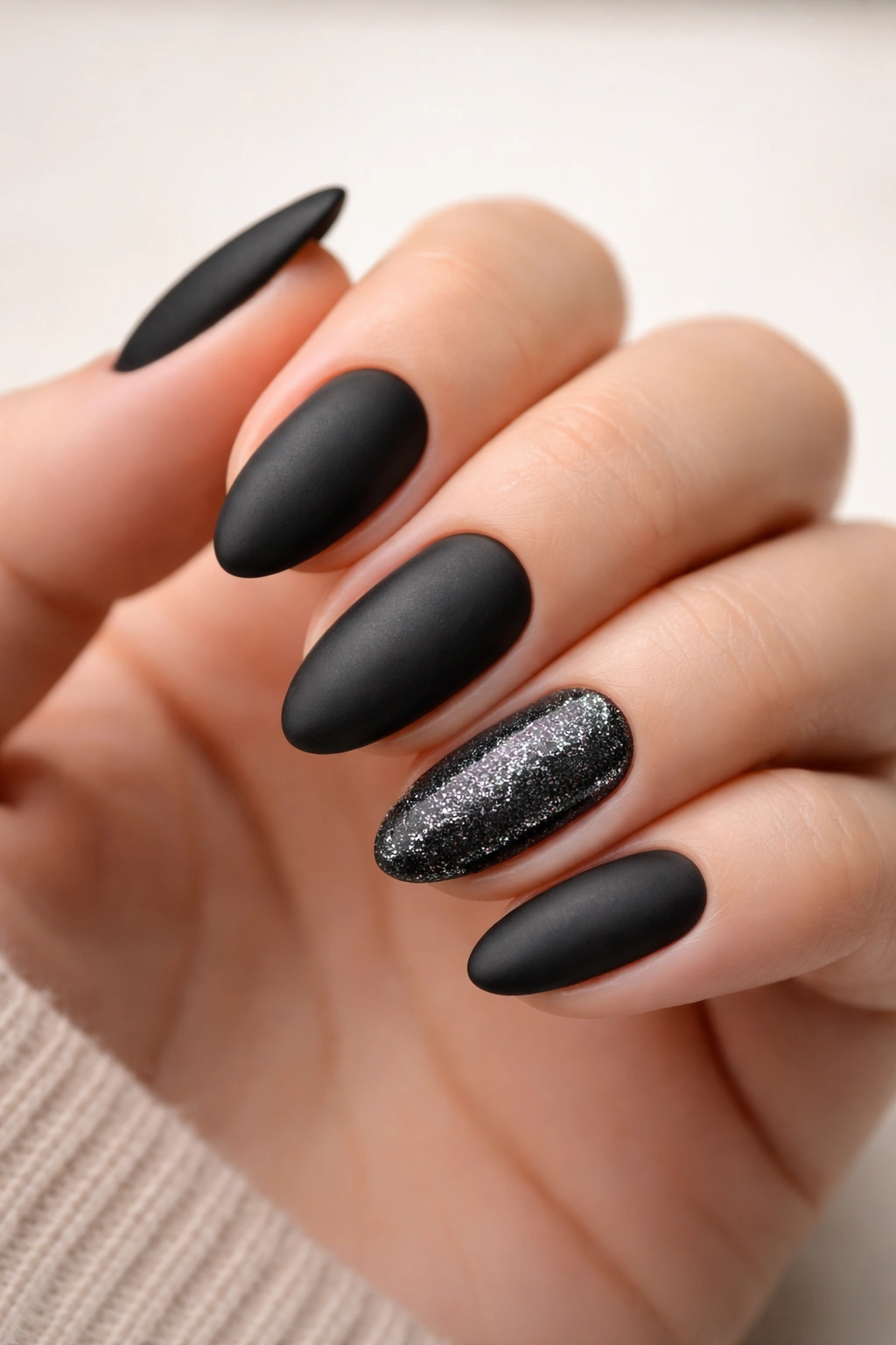 Short almond nails matte black with a single glitter accent nail.