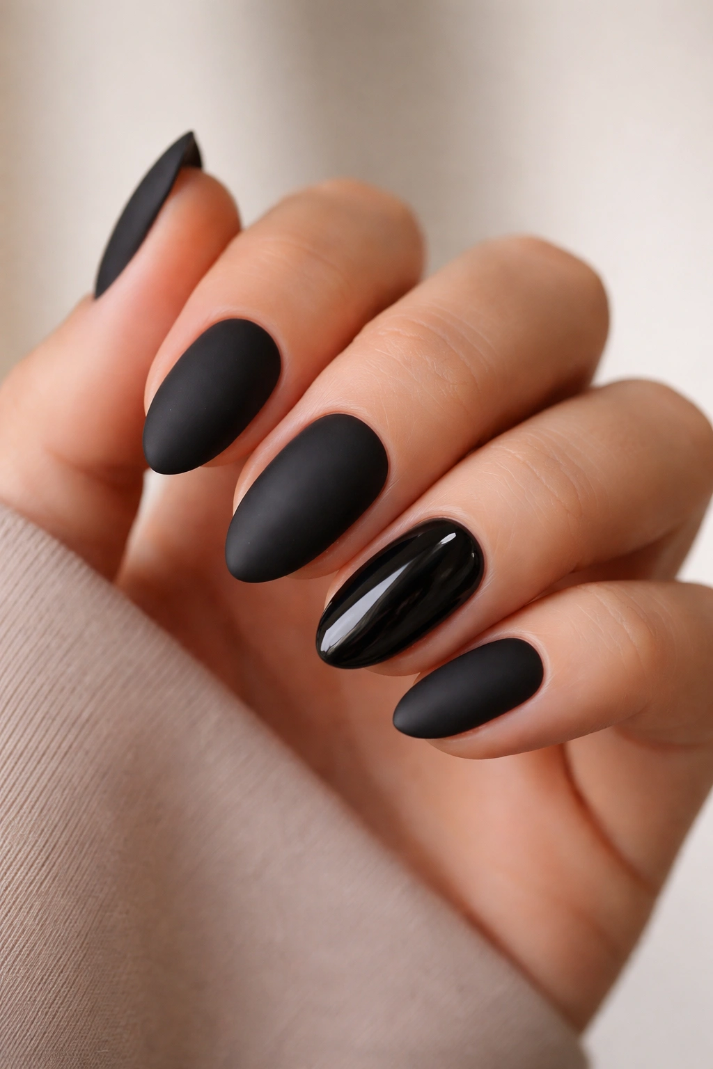 Close-up of matte black short almond nails with one glossy accent
