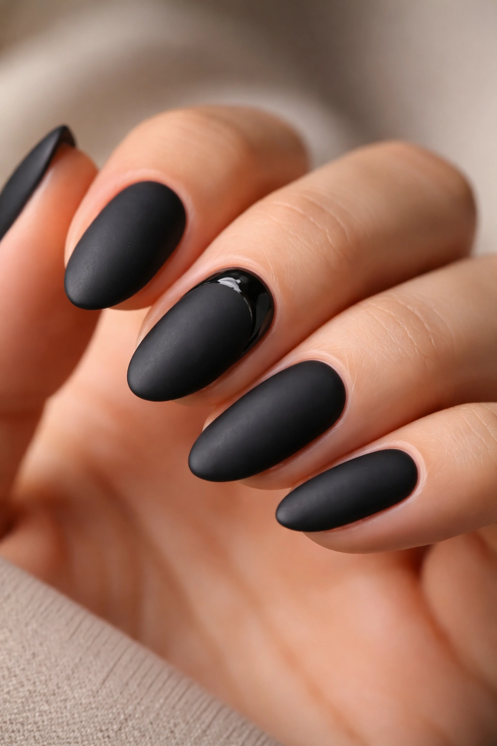 Close-up of short almond nails in matte black with a glossy crescent near the cuticle