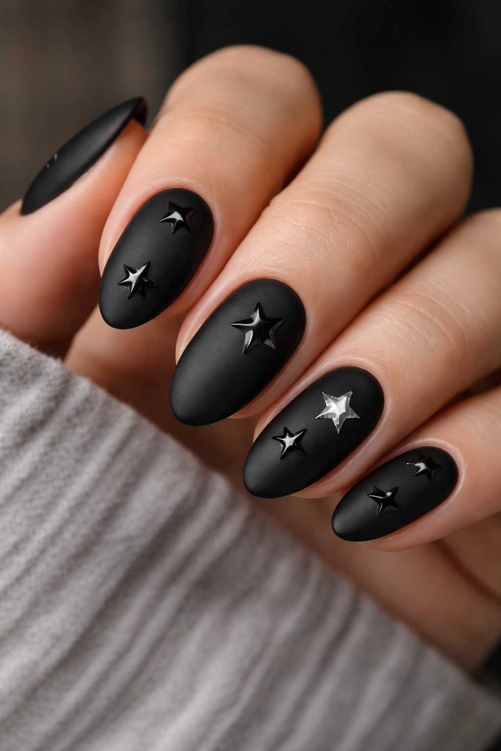 Close-up of matte black almond nails with glossy star details