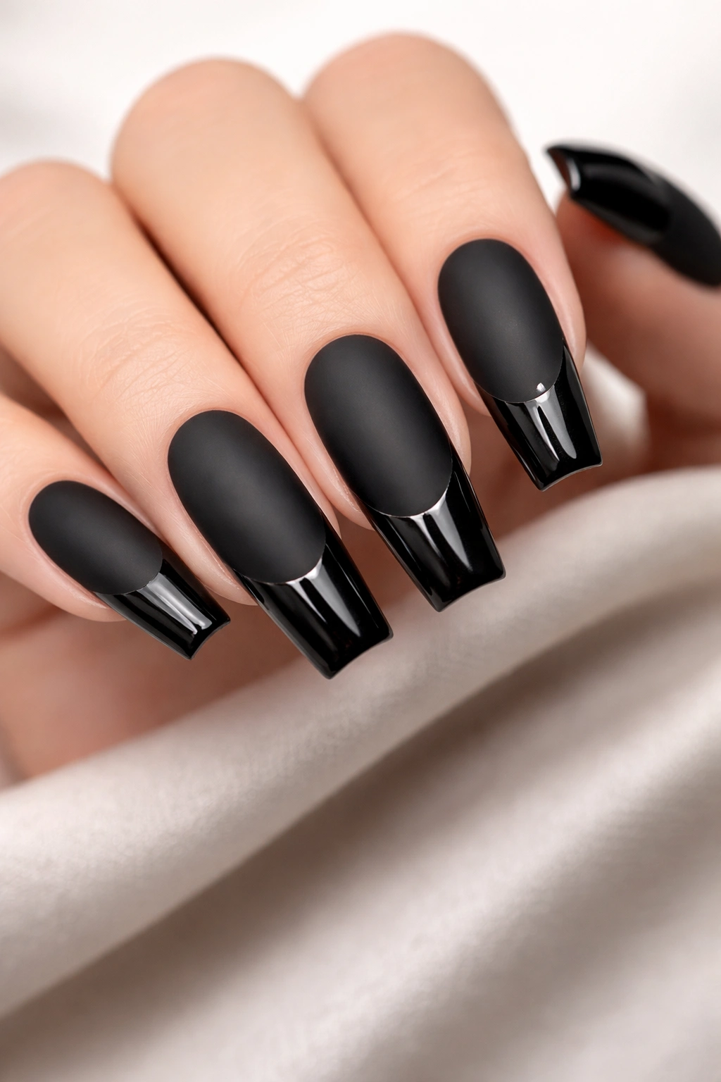 Close-up of long nails with matte black base and glossy tips