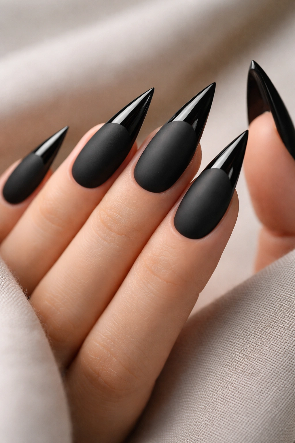Matte black stiletto nails with glossy tips on a neutral background