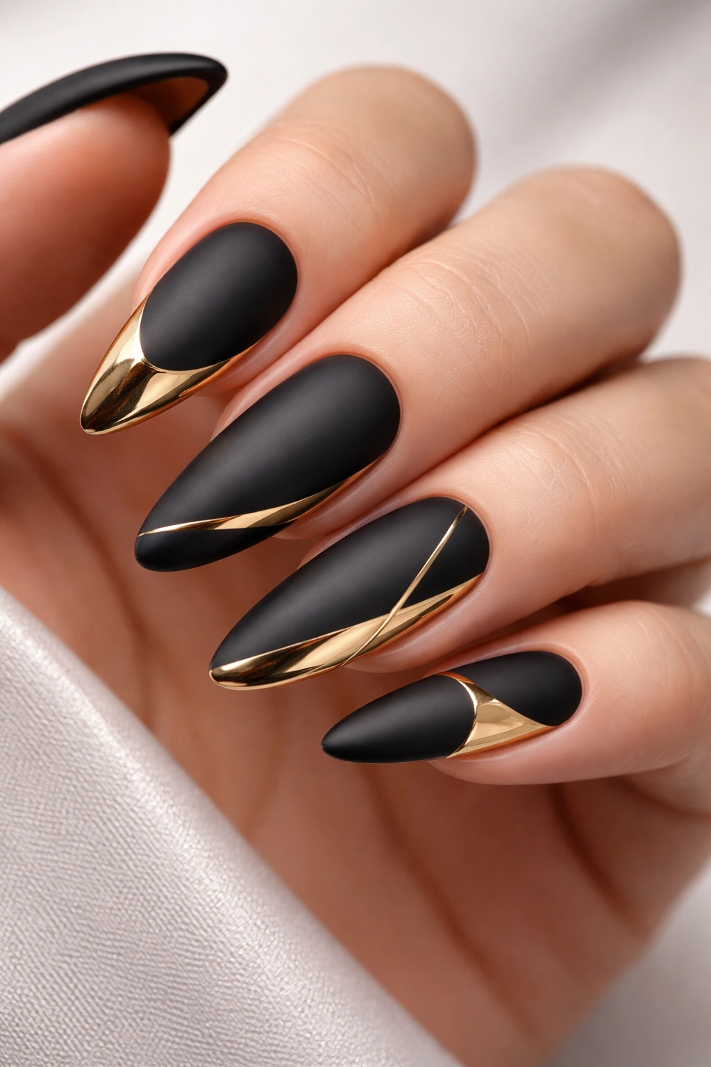 Close-up of matte black nails with glossy gold accents