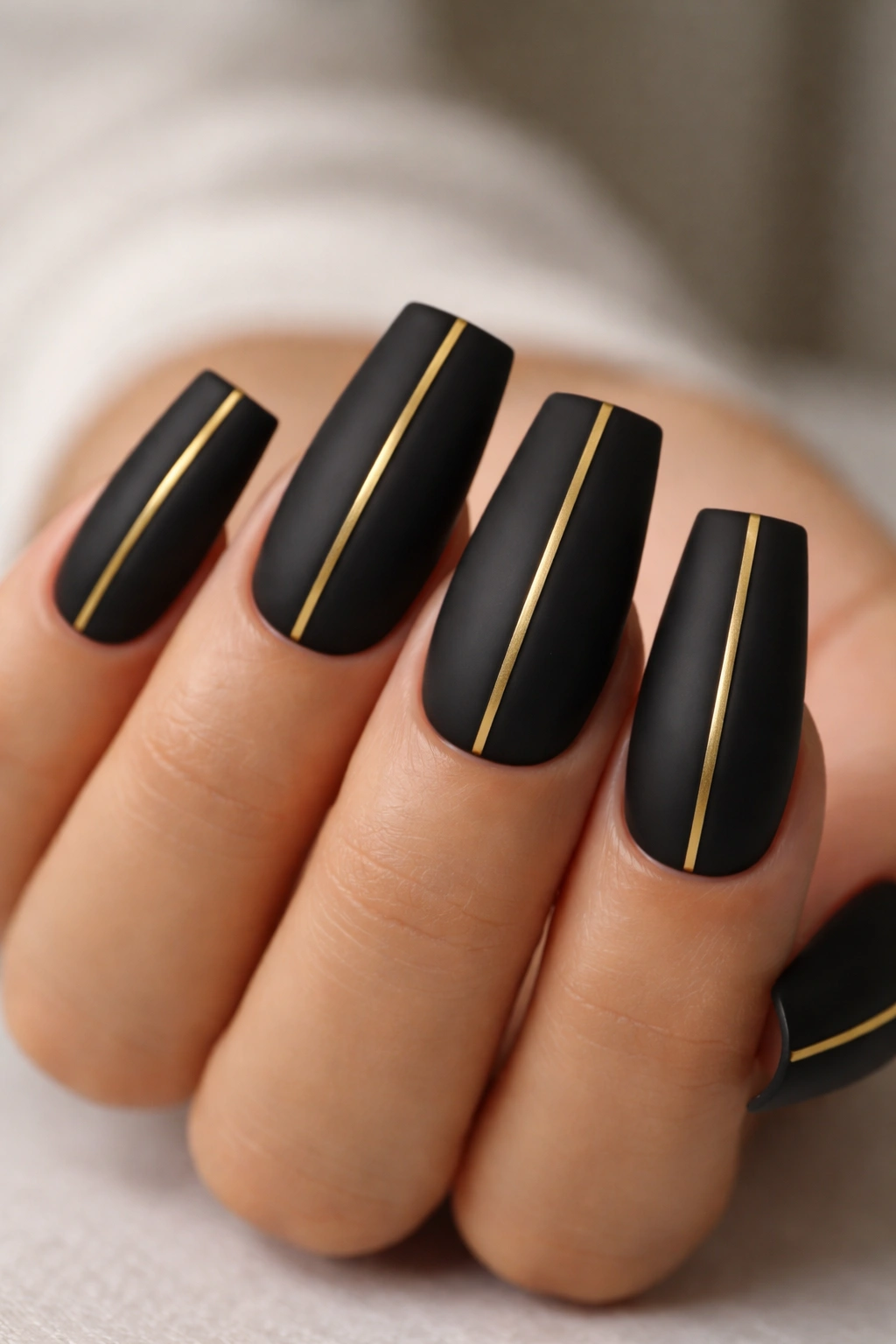 Close-up of matte black duck nails with gold accents on a hand