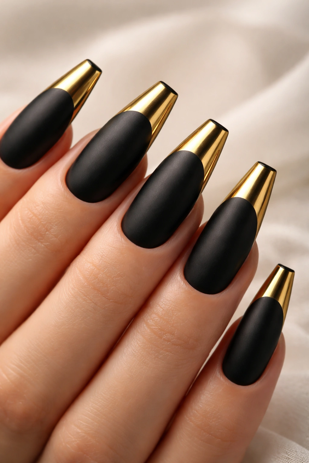 Close-up of matte black coffin nails with glossy gold tips showing strong color contrast