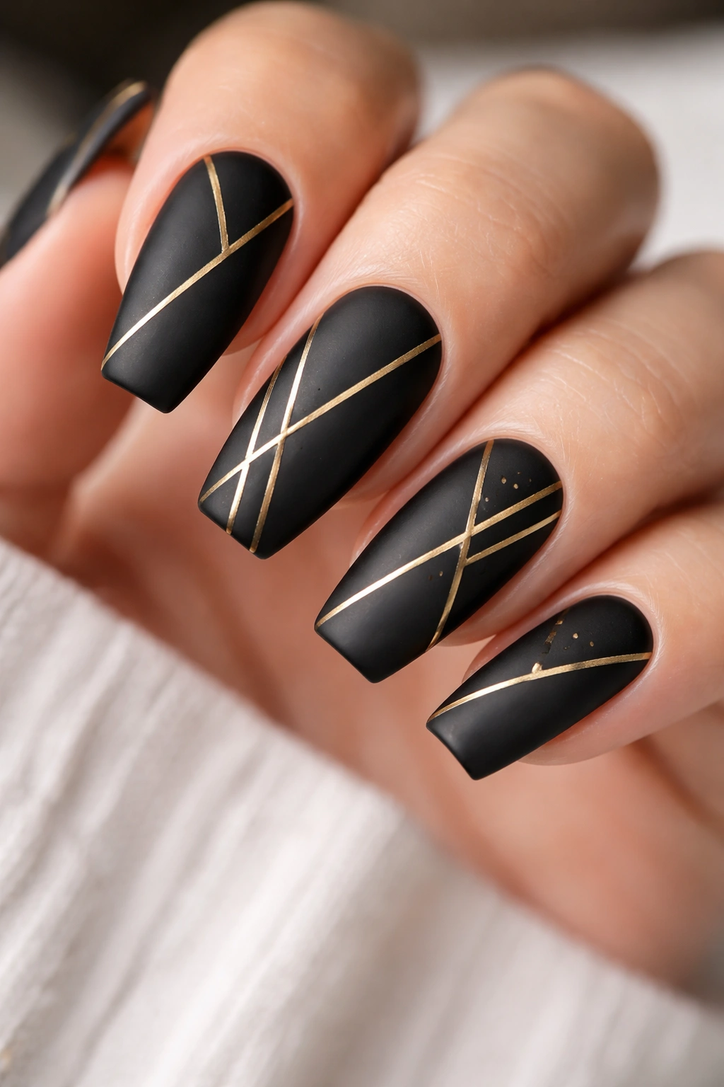 Matte black coffin nails with glossy gold geometric lines