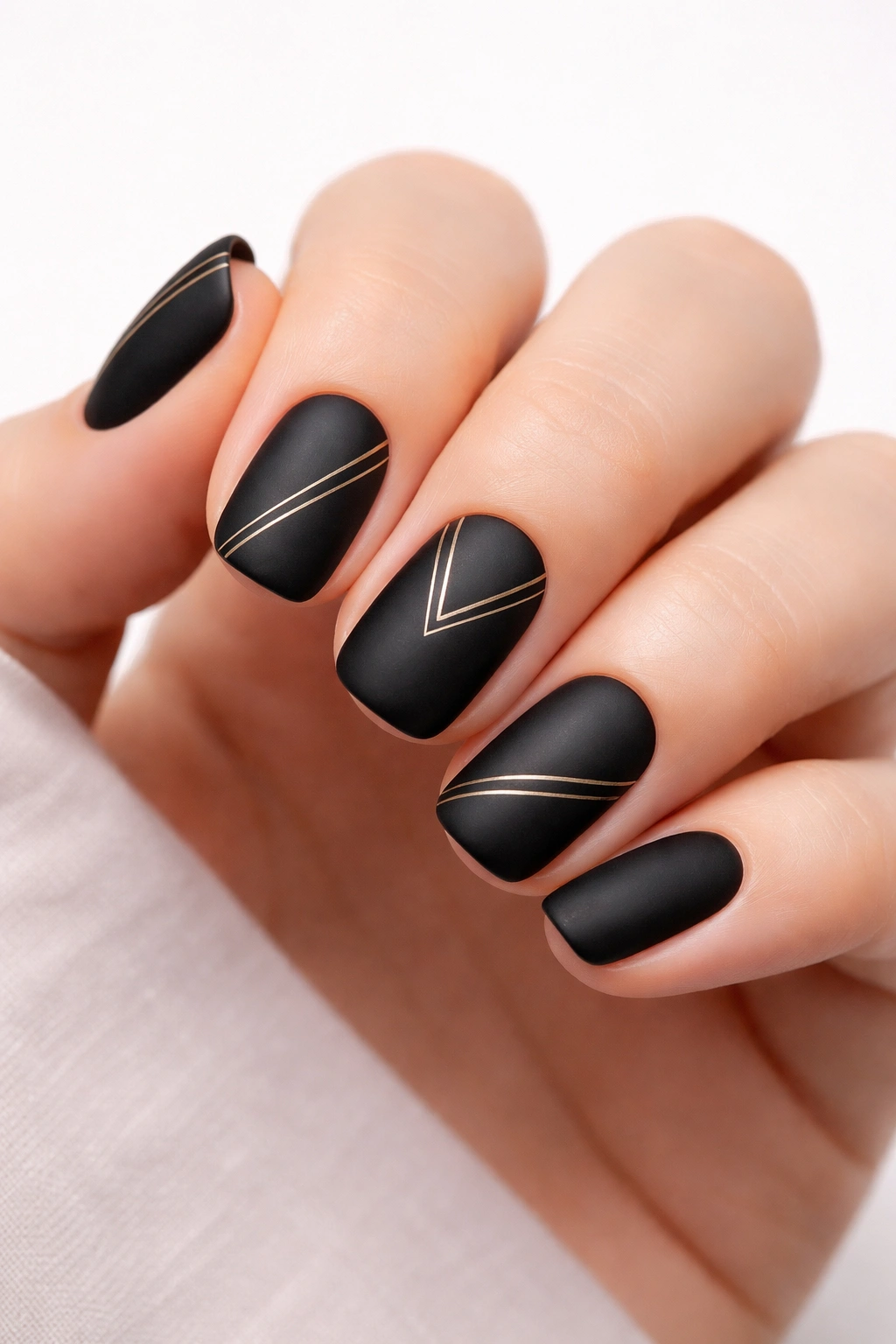 Close-up of short squoval nails in matte black with thin gold lines