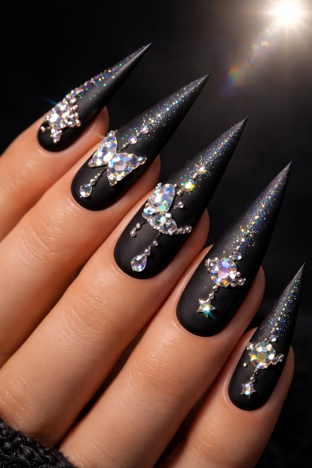 Close-up of matte black stiletto nails with holographic charm sparkle